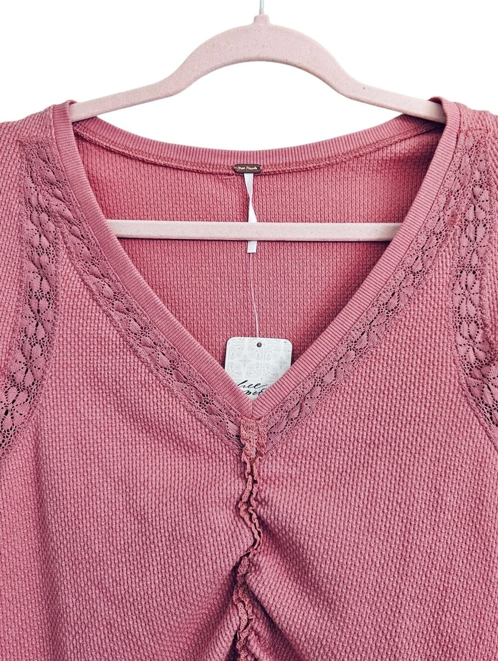 Free People Wear Me Out Ruched Long Sleeve Lace Thermal in Rose Smoke XS NWT